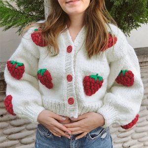 Women's Sweaters Autumn Strawberry Kintted Long Sleeve Loose Single Breasted Coat Women Autumn Fashion Thicken Warm Cardigan Sweater Streetwear