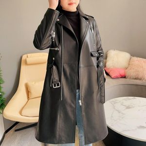 Women's Leather JANEFUR Jacket Long 2023 Black Real Sheepskin Coat With Belt Chic High Street Ladies Fall Winter Outerwears