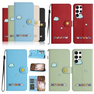 Söt leende katt PU -läderplånbok för Samsung S23 Fe S22 Ultra Plus Note 20 A54 A34 A14 A53 A33 A23 A13 A32 A25 CLOUND SUN Flip Cover Animal ID Card slot Holder Poucher Pouch