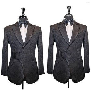 Herrdräkter skräddarsydda en bit Jacquard Blazer Tuxedo toppade lapel med bälte lyx Slim Fit Wedding Custom Made Plus Size