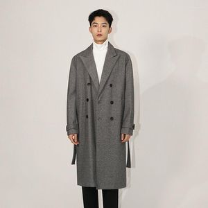 Men's Wool SYUHGFA Korean Trend Woolen Coat 2023 Autumn Winter Fashion Loose British Style Double Breasted Lapel Belted Tweed Coats