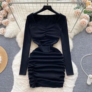 Casual Dresses French Style Black Dress Elegant Square Collar Long Sleeve Slim Ladies Vestidos Sexy Pleated Hollow Out Solid Short Female