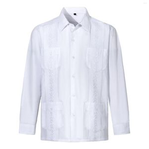 Men's T Shirts Guayabera Long Sleeve Button Up Cuban Beach Casual Embroidered Dress Shirt All- Hip-hop