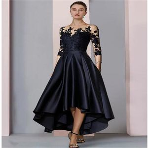 A-Line Mother of the Bride Dress Wedding Guest Elegant High Low Scoop Neck Asymmetrical Tea Length Satin Lace 3/4 Length Sleeve