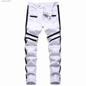 Mäns jeans punk jeans män blixtlås hip hop slim fit vit cykel jeans elastiska split denim byxor bomull mode casual jogging kläder l230926