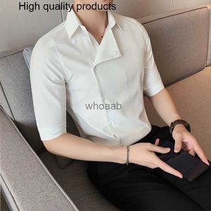 Herrklänningskjortor 2023 Summer Vintage Shirt Men Half Sleebe Slim Social Party Tuxedo Blue Business Classe Clothing Chemise Homme S-3XL YQ230926