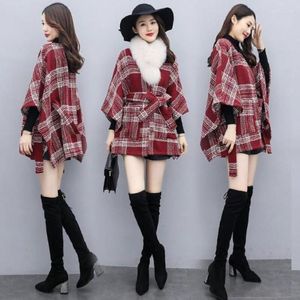 Frauen Wolle Mantel Schal Woolen Mantel Jacke Für Frauen 2023 Mid-länge Grid Gürtel Cape Outwear Herbst Winter Damen fledermaus Ärmel Poncho Mujer