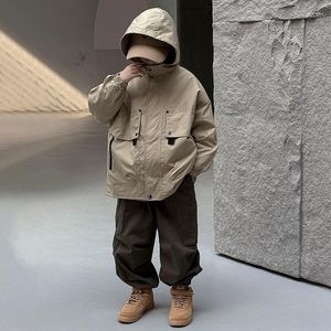 Jacken Herbst Jungen Cargo Parkas 10 12 Jahre Taschen Hoodie Khaki Teenager Trenchcoat