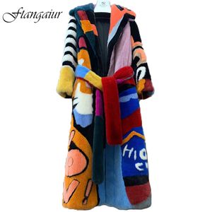 Pelliccia da donna Pelliccia sintetica Ftangaiur Importato Velluto Cappotto di pelliccia di visone Colletto rovesciato Cappotto di visone color patchwork Cappotti di pelliccia di visone reale a perdita X-lunga da donna 230925