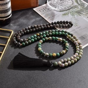 Collane con ciondolo 8mm Naturale Africano Turchese Labradorite Fortunato Giada Collana di perline Set di gioielli 108 Mala Meditazione Preghiera Rosa292T