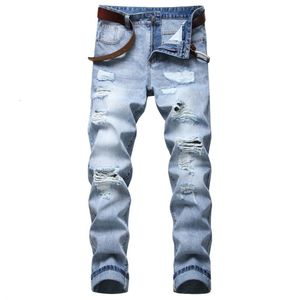 Men's Jeans New Simple Light Blue Ripped Fashion Washed Casual Cotton Slim Denim Pants Male Brand Clothing Streetwear 230926