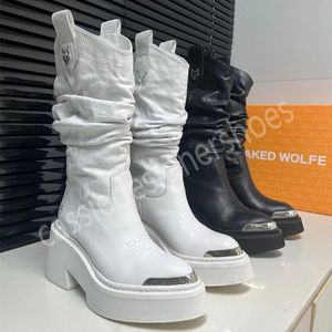 Nakedwolf Boots 여성 럭셔리 브랜드 활주로 여성 진짜 Leataher 짧은 부츠 미드 청키 힐 높이 첼시 부츠 광장 발가락 두꺼운 오토바이 부츠 레이디스 신발