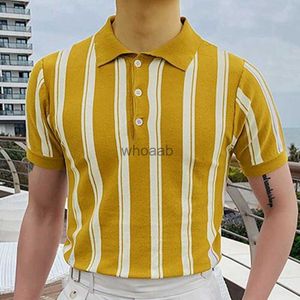 Классические рубашки Летняя рубашка Деловая повседневная желтая полосатая рубашка с коротким рукавом с отложным воротником Slim Fit s Ropa Hombre YQ230926