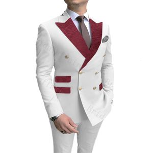 Klasik bordo paisley yaka cepleri erkekler takım elbise beyaz düğün damat takım elbise çift göğüslü kostüm homme erkek blazers