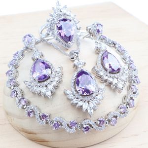 Wedding Jewelry Sets Silver 925 Purple Zircon Bridal Jewelry Sets Wedding Stones Bracelets Earrings Rings Pendant Necklace Set For Women 230925