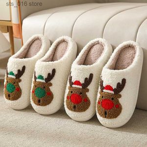 Slippers 2023 New Christmas Elk Cotton Slippers Women Winter Warm Plush House Shoes for Woman Soft Sole Fluffy Fur Indoor Slippers Couple T230926