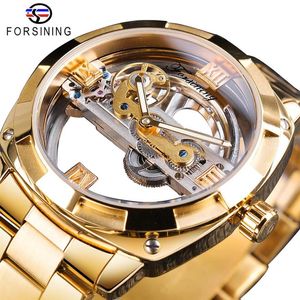 Forsining Transparente goldene mechanische Uhr Herren Steampunk Skelett Automatikgetriebe Selbstaufzug Edelstahlband Uhr Montre271f