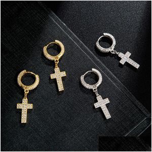 Stud Hip Hop Cubic Zirconia Bling Iced Out Cross Earring Gold Sier Copper Earrings For Men Rock Jewelry Drop Delivery Dhc5S
