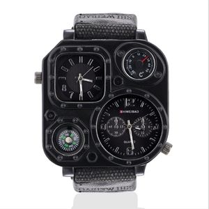 GMT Dual Time Wojskowe męskie zegarek na zewnątrz kwarcowe zegarki na płótnie opaski kompas 50 mm duży kwadratowy tarcz męski na rękę