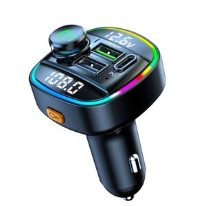 C22 Car Bluetooth 5.0 LED FM Transmitter Wireless Handsfree Car Kit MP3 Audio Player LED Light Voltage Display QC 3.0 PD Charger