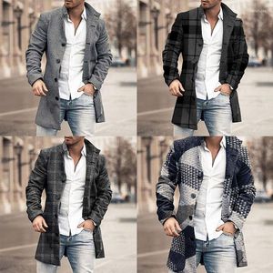 Men's Wool Fashion Solid Color Coat Stand Collar Long Sleeve Slim Blazer Coats Mid-length Plaid Single-Breasted Casual Overcoat