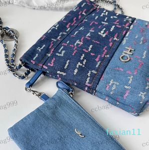 Designer Womens Ombro GarbageSequin Denim Lindamente Tecido Matelasse Chain Tote CrossbodyAlphabet Bag Coin