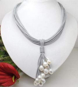 チェーンジュエリー01-12mm本物の白い淡水真珠ペンダントネックレスレザーコードマグネットクラスプファッション