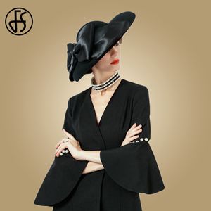 Berets FS Mulheres Chapéu Preto Grande Aba Larga Lã Feltro Fedoras Chapéus Inverno Igreja Chapéu Para Casamento Bowler Cloche Chapéus Derby Sombrero Mujer 230926