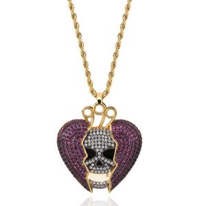 18K Gold Plated Hip Hop Personalized Skeleton Broken Heart Pendant Chain Necklace Copper Iced Out Purple CZ Cubic Zircon for Men a327F