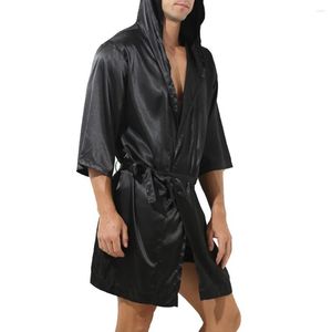 Men's Sleepwear Casual Satin Silk Hooded Robe Bathrobe Pajamas Solid Color Gown Bath Robes Nightwear Pijama Clothing