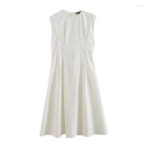Casual Dresses Korean Style Linen Summer Dress Elegant Sleeveless High Waist Vestido White Office Lady