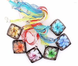 Pendant Necklaces Fashion Wholesale 6pcs Handmade Murano Lampwork Glass Mix Square Spin Flower Pendants Charm Necklace