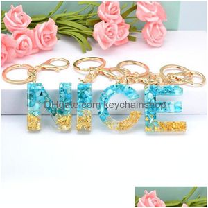 Key Rings Blue English Letter Keychain Fashion A-Z Initials Gold Foil Stone Filling Plastic Chain Women Handbag Hanging Pendant Gifts Dhsmx