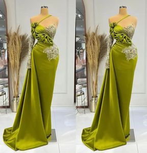 Evening Dresses Green Prom Party Gown Formal Mermaid Long Sleeve New Custom Plus Size Zipper Lace Up Applique One-Shoulder Satin Pleat Sequins