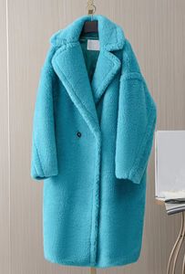 Turquoise Green Mmax Teddy Alpaca Fur Xlong Coats Lapel Neck Winter Parkas 62% Alpaca Furt