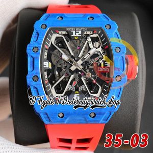 RRF 35-03 Neueste Version Japan Miyota NH Automatik Herrenuhr Blau NTPT Kohlefasergehäuse Skelettzifferblatt Rotes Kautschukarmband Sport Super Edition Eternity-Armbanduhren