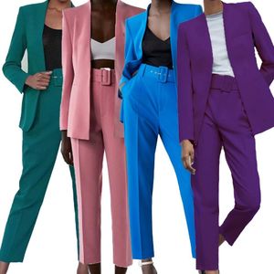 Calças de duas peças femininas Mulher Fashion Two Pieces Sets Office Use Blazers Casat e With Belt High Waist Pants Feminino 230926