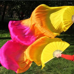 Scen slitage -yed 1Pair/2pcs Gradient Real Silk Veil Dance Fan Soft Belly Bamboo Handle Long Veils fina rekvisita