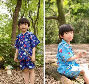 エスニック服の夏の綿の少年短袖のジンピングyukataスーツ日本人ベイビーパジャマスウェットスチームホーム服
