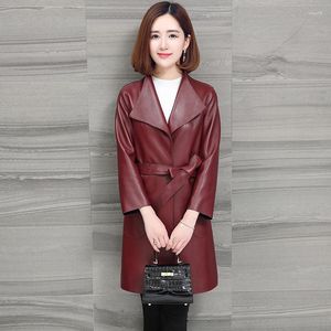 Casaco de pele de carneiro real de couro feminino jaqueta genuína de comprimento médio coreano moda trench coats fino outwear chaquetas