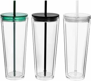 Flat bottomed cup with lid and straw 24 ounce double layer plastic cup reusable large ice coffee cup