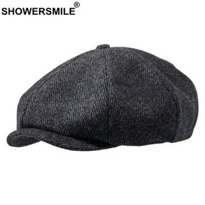 SHOWERSMILE Berretti strillone in lana di marca Uomo Berretti piatti a spina di pesce grigio Donna Caffè Berretto Gatsby britannico Autunno Inverno Cappelli di lana256j