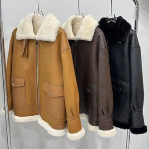Women's Leather 2023 Real Shearling Coat Genuine Lambskin Warm Wool Winter Double Face Jacket ZJ6039