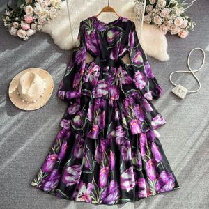 High quality Light luxury Temperament bubble long sleeved round neck with waistband and slim A-line ruffle edge cake chiffon dress