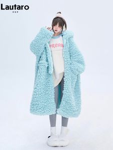 Pelliccia da donna Pelliccia sintetica Lautaro Inverno Lungo Oversize Casual Spessore Caldo Blu Spessore Caldo Fuzzy Soffice Pelliccia sintetica Cappotto Donna con cappuccio Cerniera Moda 230926