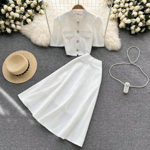 Vestidos de trabalho WDMSNA Temperamento Verão Single-breasted Manga Curta Senhoras Camisa Cintura Alta Saia Grande Balanço Dois Conjuntos de Peças Womens Outifits