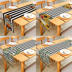 Corredor de mesa Bienvenido de Acción de Gracias Pumpkin Gunflowers Plaid Linen Table Runner para la mesa de comedor en casa Festival Múltiple Tamaño 230926