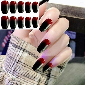 False Nails 24Pcs Fashion French Style Full Cover Square Coffin Shape Nail Art Patch Ballerina With Glue Black-Red Gradient