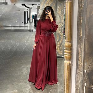 Modest Muslim Evening Dresses bateau Neck Full Long Sleeves Chiffon Formal Prom Gowns Beads Belt Wine Red prom Guest Outfits