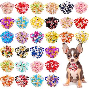 Dog Apparel 50PS Flower Bowties Pearl Chiffon Bow Tie Collar For Dogs Pets Summer Pet Grooming Bows Accessories